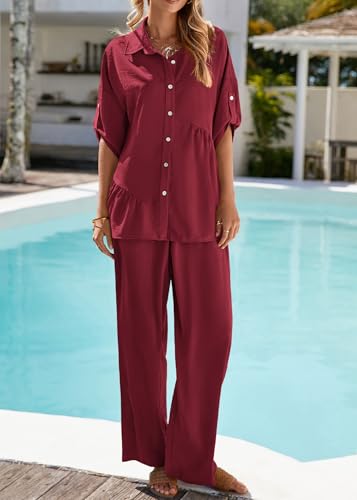 KIRUNDO Two Piece Sets for Women Spring Outfits 2026 Summer Fall Dressy Casual Button Down Shirt Wide Leg Pants Lounge Set(Burgundy, X-Large) — view 5