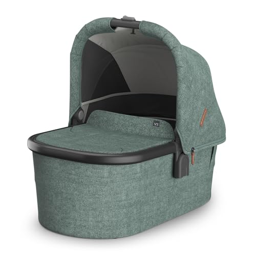 Image of UPPAbaby Bassinet V3 - Compatible with Vista, Cruz, Ridge Strollers - Overnight Sleep Solution - Mattress, Sheet and Bug Shield Included - Gwen (Green Mélange/Carbon Frame)