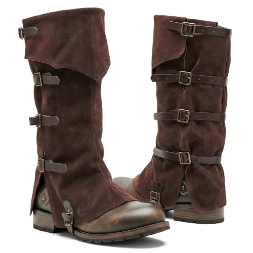 Mepase Mens Pirate Medieval Boot Covers Renaissance Costume Steampunk Boots Cover Except Shoes L 15.75 Adjustable Fits Calf 10-18 Viking Warrior Knight Cosplay Armor Leg Gaiters Dark Brown