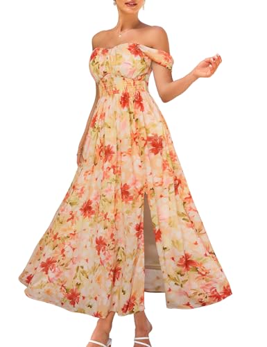 Image of GRACE KARIN 2026 Women's Summer Floral Wedding Guest Dress,Beach Flowy A Line Maxi Off Shoulder Bridesmaid Dresses