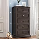 HOSTACK 5 Drawer Tall Dresser, Wood Chest of Drawers for Bedroom, Modern Farmhouse Storage Dressers Cabinet for Closet, Living Room, Entryway, Home Office, Dark Brown