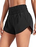 CRZ YOGA High Waisted Dolphin Running Shorts for Womens Mesh Liner for Gym Workout Athletic with Zipper Pocket Black Small