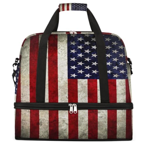 Large Capacity Folding Travel Bag Lightweight Carry On Weekender Overnight Shoulder Bag Expandable American Flag Beauty Duffel Bags Dry and Wet Separation for Women Men Gym Sports