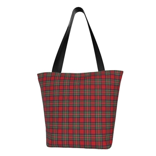 Red Green Royal Stewart Tartan Plaid Reusable Zippered Shoulder Bag, Stylish Polyester Tote With Wide Handle & Inner Pocket, Lightweight Durable Shopping & Travel Bag
