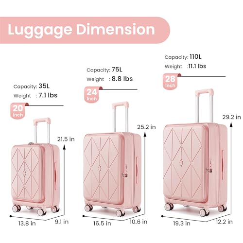 Luggage Sets(20in/24in/28in) with Front Pocket Spinner Wheels 100% PC Hard Shell Expandable Luggage Hardside 3-Piece Set Lightweight Rolling Suitcase with TSA Lock for Travel Pink2