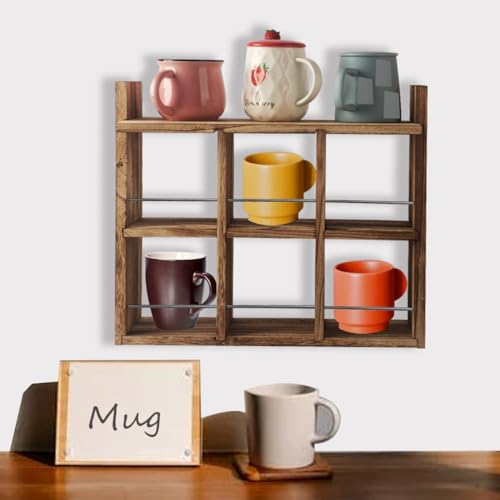 YIYUESHIJIU Coffee Mug Display Rack?Wooden Mug Cup Holder Shadow Box Shelf Wall Mounted cup shelf Mug Display And Organizer With Dustproof top plate (Carbonized)