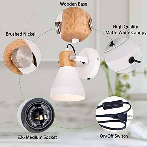 Tehenoo Contemporary White Wall Sconce, Rotatable Wooden Wall Lamp With Plug-In Cord For Bedroom, Reading,Living Room, Guest Room #TOP2