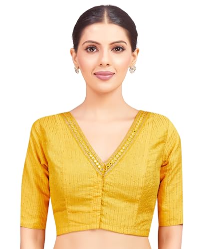 Studio Shringaar Women's Readymade Polyester Elbow Length Sleeves Saree Blouse with Mirror Work