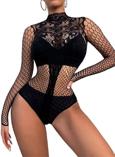Sniff Rose Women's Lace Lingerie Cut Out Leotards Mesh Teddy Sleeve Chemise Sheer Floral Fishnet Splice Nightwear Hight Neck Bodysuit