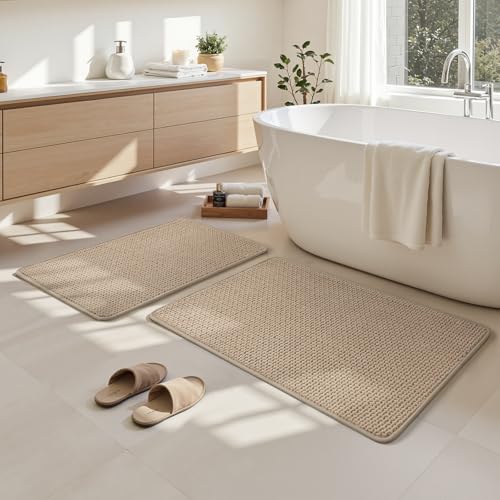 HOMEIDEAS Bathroom Rugs Set 2 Piece, Ultra Thin Non-Slip Bath Mats Rubber Backed, Chenille Absorbent Quick Dry Mats, Boho Bathroom Rugs, Low Profile Fits Under Door (Beige, 32"x20"+24"x17") by HOMEIDEAS - Used condition - Image 8