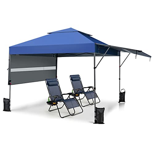 Tangkula 10x17.6 Ft Pop Up Canopy with Adjustable Dual Awnings, 2 Tier Outdoor Canopy Tent with 8 Stakes, 4 Ropes, 4 Sand Bags, Wheeled Bag, Easy Setup Instant Tent for Patio, Market, Picnic