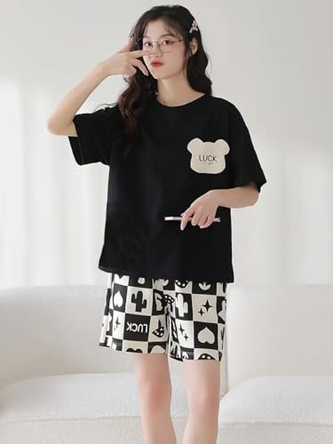Image of Louis Luxe Cotton Blend Womens Korean Night Dress || Short Pyjama Set || Korean Nightsuit || Women Nightwear ||Round Neck Short Sleeve Nightsuit || Loungewear || Everyday Nightdress