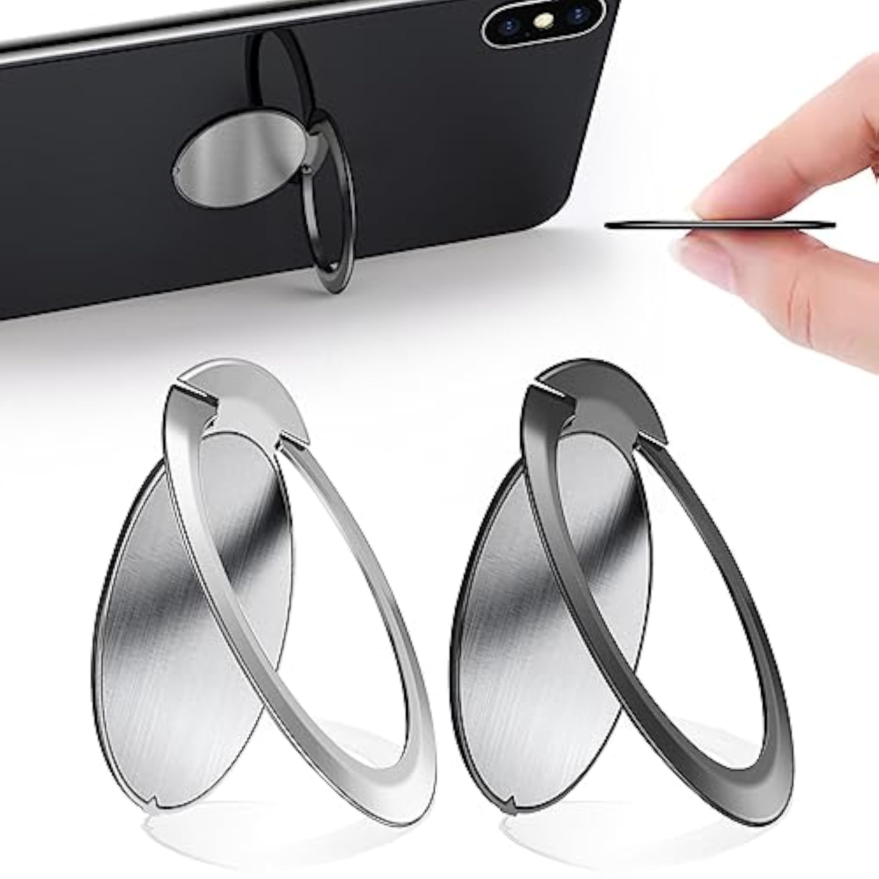 2 Piezas Anillo Soporte para Movil 1,8 mm Ultrafino, Soporte de Dedo para Teléfono Celular de Metal 360° Rotación para Smartphone Tablet