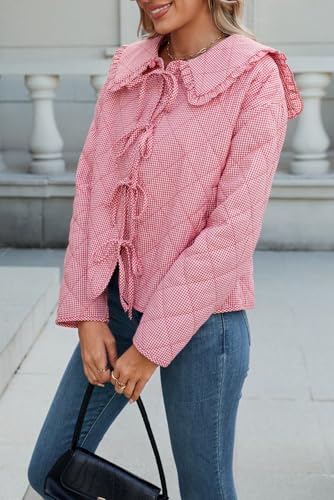 LifeShe Women Plaid Puffer Quilted Jacket Crop Tie Front Padded Coats Ruffled Lapel Collar Puffer Cardigan2