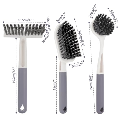 Image of Xicennego 3 Pack Kitchen Cleaning Brush Set,1 Pot and Dish Cleaning Brush with Long Handle,1 Kitchen and Bathroom Brush with Scraper Strip, 1 Hard-Bristled Brush for Sink, Countertops, Tiles(Grey