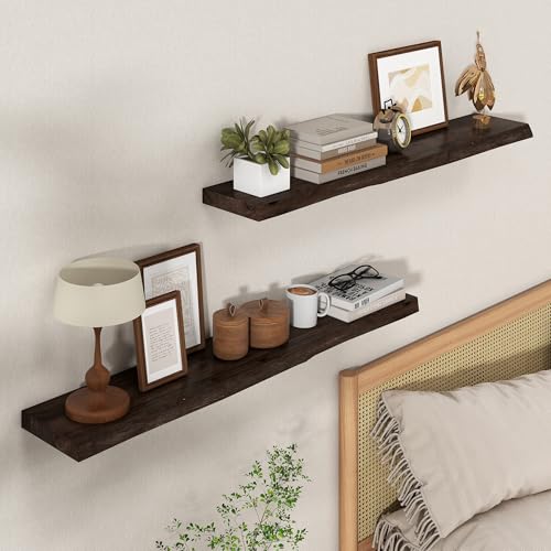 Image of Axeman 40 inch Floating Shelves for Wall Live Edge, Walnut | 8'' D Rustic Solid Elm Wood, Wall Mounted, Wall Shelves, Invisible Bracket, Living Room Bedroom Kitchen