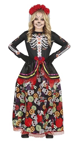 FIESTAS GUIRCA Disfraz de La Catrina - Vestido Largo Elegante y Diadema con Flores para Niñas de 7-9 Años