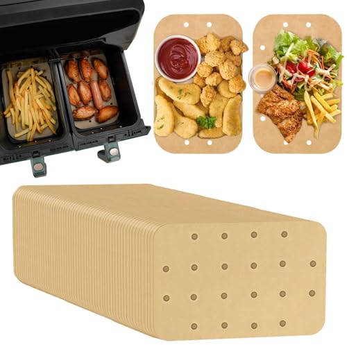 Image of Air Fryer Liners Disposable Parchment Paper Sheets: 50PCS Rectangular Perforated Baking Paper for Ninja DZ201 Foodi 6-in-1 8-qt. 2-Basket and Mini Indoor Grill (8.6x5.5 Inch)