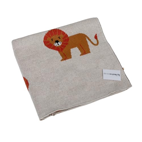 Image of Creative Co-Op Cotton Knit Baby Blanket with Lions, 40 inch L x 32 inch W