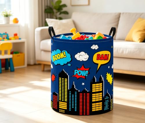 Image of Baby Laundry Basket Baby Nursery Hamper Kids Laundry Basket Toy Storage Bin for Boys Room Decor Gift Baskets for Bedroom Bathroom(Blue City)