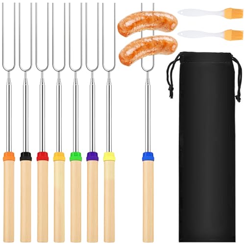XTUDOU® 8 pinchos telescópicos para barbacoa de malvavisco, de acero inoxidable, extensibles, 31 – 81 cm, para pan con asas aisladas, para hogueras, barbacoas de camping