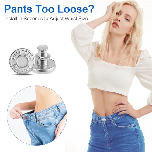 Image of Ceryvop12 Sets Button Pins for Loose Jeans, No Sew and No Tools Instant Replacement Snap Tack Pant Button, Reusable and Adjustable Metal Pants Button Tightener