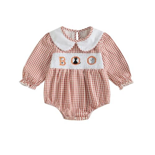 YILEEGOO Mameluco de manga larga con volantes para bebé y niña, diseño de calabaza, para Acción de Gracias, bordado a cuadros, manga larga con volantes, Orange Boo, 0-3 meses