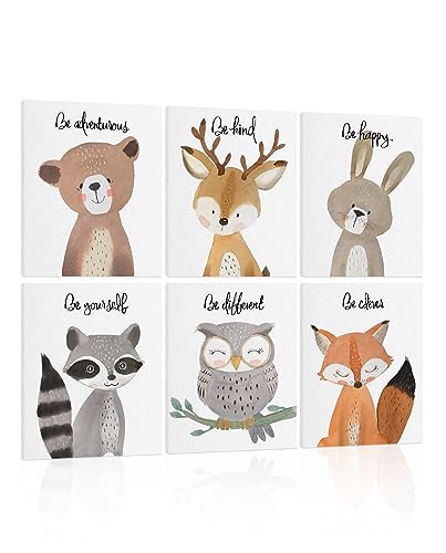 Image of Safari Animal Nursery Wall Decor: Woodland Animal Print for Baby Boy Girl, Framed Inspirational Quotes Kids Wall Art, Jungle Picture Set of 6 Poster for Nursery Decor