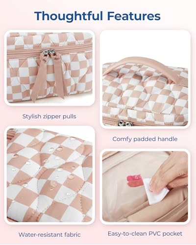 Image of BAGSMART Travel Makeup Bag, 2-Piece Puffy Quilted Cute Make Up Bag Cosmetic Bags for Women, Large Wide-Open Toiletry Pouch Gifts for Toiletries Accessories Travelling Essentials, Checkered Blue
