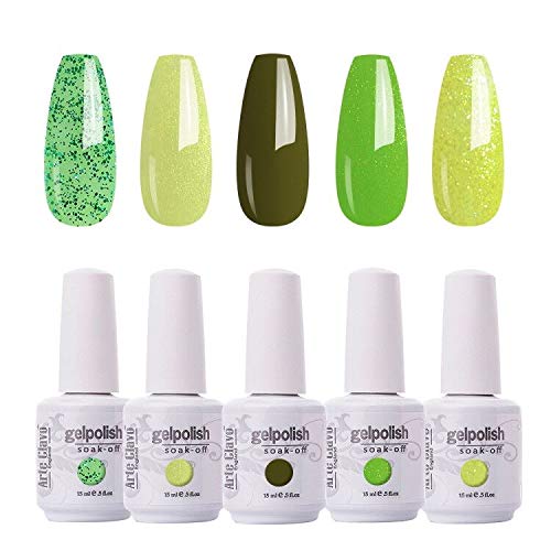 Arte Clavo 15ml Green Gel Nail Polish Set -Soak Off UV LED Nail Gel Polish Art Varnish Popular Color Gel Polish Manicure Varnish DIY Pack of 5 Colors Set B566