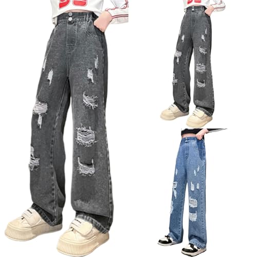 Girls Ripped Jeans Elastic Waist Distressed Baggy Denim Pants Teen Wide Leg Casual Trendy Streetwear Plain Trousers
