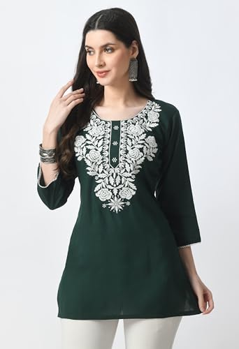 Image of LIBOZA Kurti for Women - Short Chikankari Kurtis for Girls, Lakhnawi Tunic Top Kurta Design for Ladies, Woman Ethnic Kurthis & Shirt with Sleeve