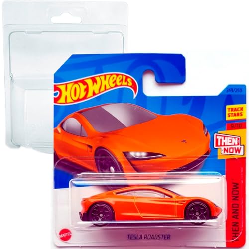 Hot Wheels Tesla Roadster Then and Now 9/10 (249/250) HKJ47 Short Card Mattel 2023 + Blister & Card Protector Pack Friki Monkey