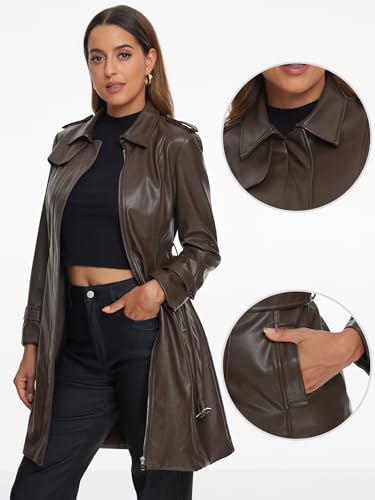 Allegra K Faux Leather Long Jacket for Women's Lapel Slim Fit Long Sleeve Zip Coat2
