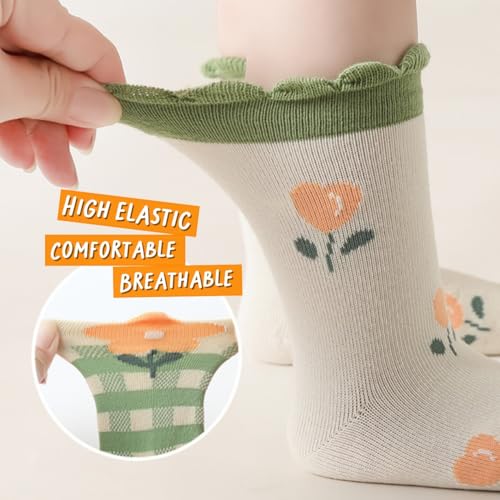4 Pairs Toddler Baby Girl Boy Kids Socks, Green Cute Flower Soft Cotton Crew Socks, 0~5T4