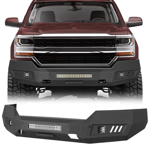 u-Box 2016 Silverado 1500 Front Bumper Full Width Replacement Bumper w/ 120W LED Light Bar Compatible with Chevy Silverado 1500 Pickup Truck 2016 2017 2018