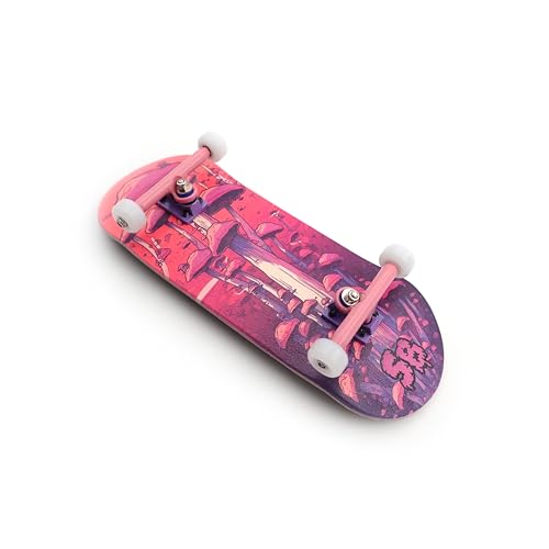SPITBOARDS® 34 x 96 mm Wood Fingerboard Complete Set-Up, Pre Assembled, 5-Layers Wood, Pro Trucks with Lock Nuts, CNC Bearing Wheels, Real Wear Graphics, Lasered Foam Grip Tape, Pink Mushrooms