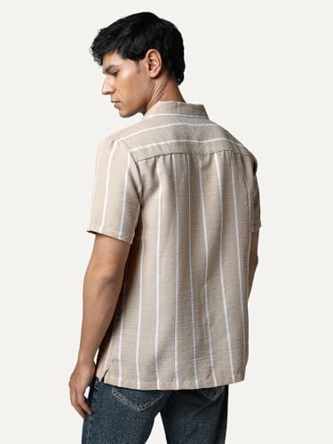 Image of Urbano Fashion Men's Cotton Half Sleeve Relaxed Fit Linen Striped Shirt with Cuban Collar