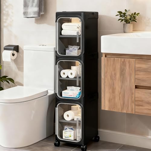 Image of 3-Tier Narrow Slim Bathroom Storage Cabinet with Wheels, Black | Tool Free Assembly, Adjustable shelves, Lockable Wheels, Magnetic Clear Door, Fits for Narrow Spaces