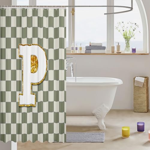 Image of Erosebridal Sage Green Checkered Bathroom Curtain Plaid Initial P Shower Curtain 72 inch Wx72 L Personalized Monogram Bathroom Accessories for Kids Adults,Fashion Grids Gingham Shower Decor