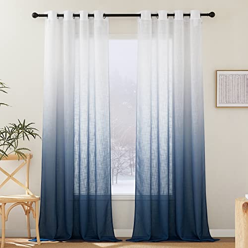 PONY DANCE Cortinas Salon Modernas 2 Piezas Cortinas Translucidas con Aspecto de Lino Visillos para Ventanas Cortinas Azules con Ojales, 140x245cm(AnchoxAlto), Azul Marino