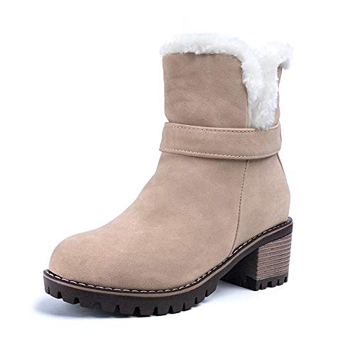 Rioneo Bottines Talon Femmes Hiver Fourrée Bottes de Neige Femme Fourrure Doublé Ankle Boots Daim Bottines Antidérapant Confortable Chaussures Talon 6cm Noir Beige Vert 34-43 EU Beige 37