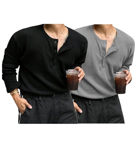 Image of Trillion Men's Textured Fabric Solid Color Basic Half-Open Collar T-Shirt, Fall Long Sleeve Men Shirt | Tshirt for Men