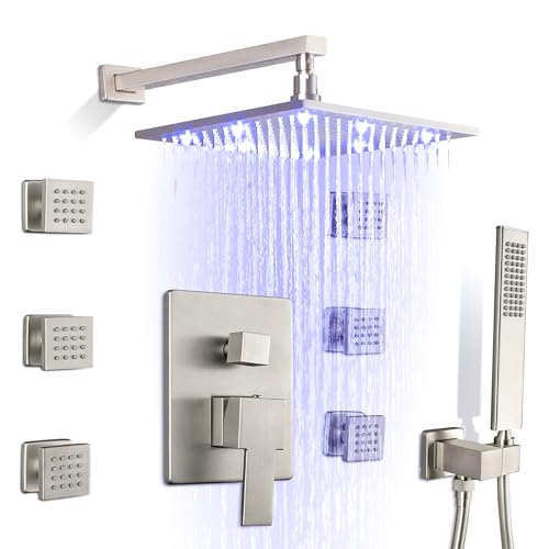 SKOWLL Brushed Nickel Shower System with Body Jets 12 Inch LED Rain Shower Head with Handheld, Wall Mounted Shower Faucet Set Rough in Mixer Valve and Trim Included