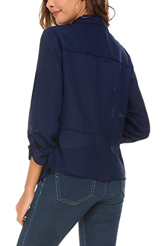 Women's Ruched Sleeve Lightweight Thin Chiffon Blazer (L, Navy Blue) #TOP4