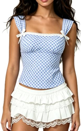 Womens Cute Gingham Crop Tops Y2k Country Plaid Shirt Tank Top Blue