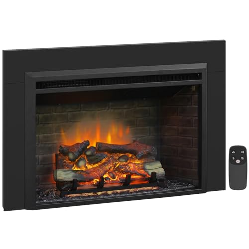 Image of PuraFlame Western 33 inchx21 inch Electric Fireplace Insert with Trim Kit, Fire Crackling Sound, Resin Log, Remote Control, 750 /1500W Heater, Black
