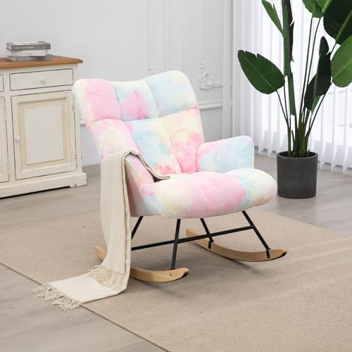 SAETSFEG Nursery Rocking Chair Teddy, Upholstered Glider Rocker with High Backrest, Comfortable Stylish Accent Armchair with Padded Seat for Living Rooms, Bedrooms, Offices, Colorful