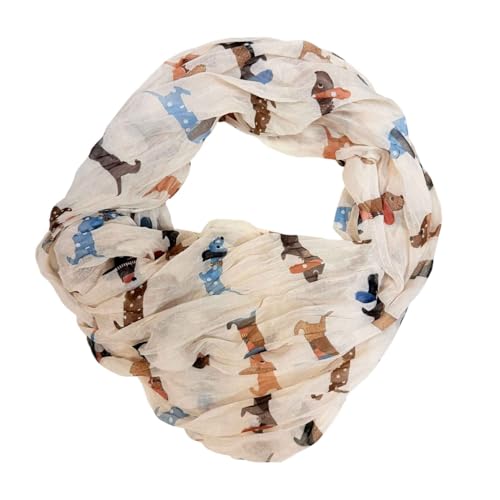 Dackel Dog Loop Schal aus Seidenmischung Tuch Sommer Frühling Herbst Halstuch mit Hunde Motiv Stola Tuch Übergangsschal Seide Silk Regenbogen (Beige)