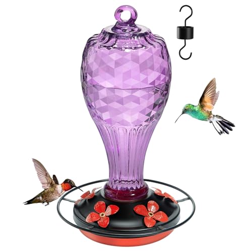 Jarkyfine 20 OZ Glass Hummingbird Feeders for Outdoors Hanging - Hand-Blown Vibrant Purple Reflective Fish-Scale Design - Attracts More Hummingbirds - Leak-Proof Silicone Seal & Ant Moat, Gift for Mom